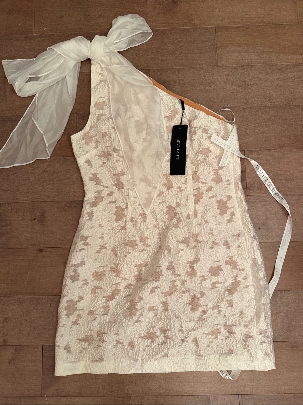 Elliatt Ivory and Blush One-Shoulder Tie-Sash Dress
